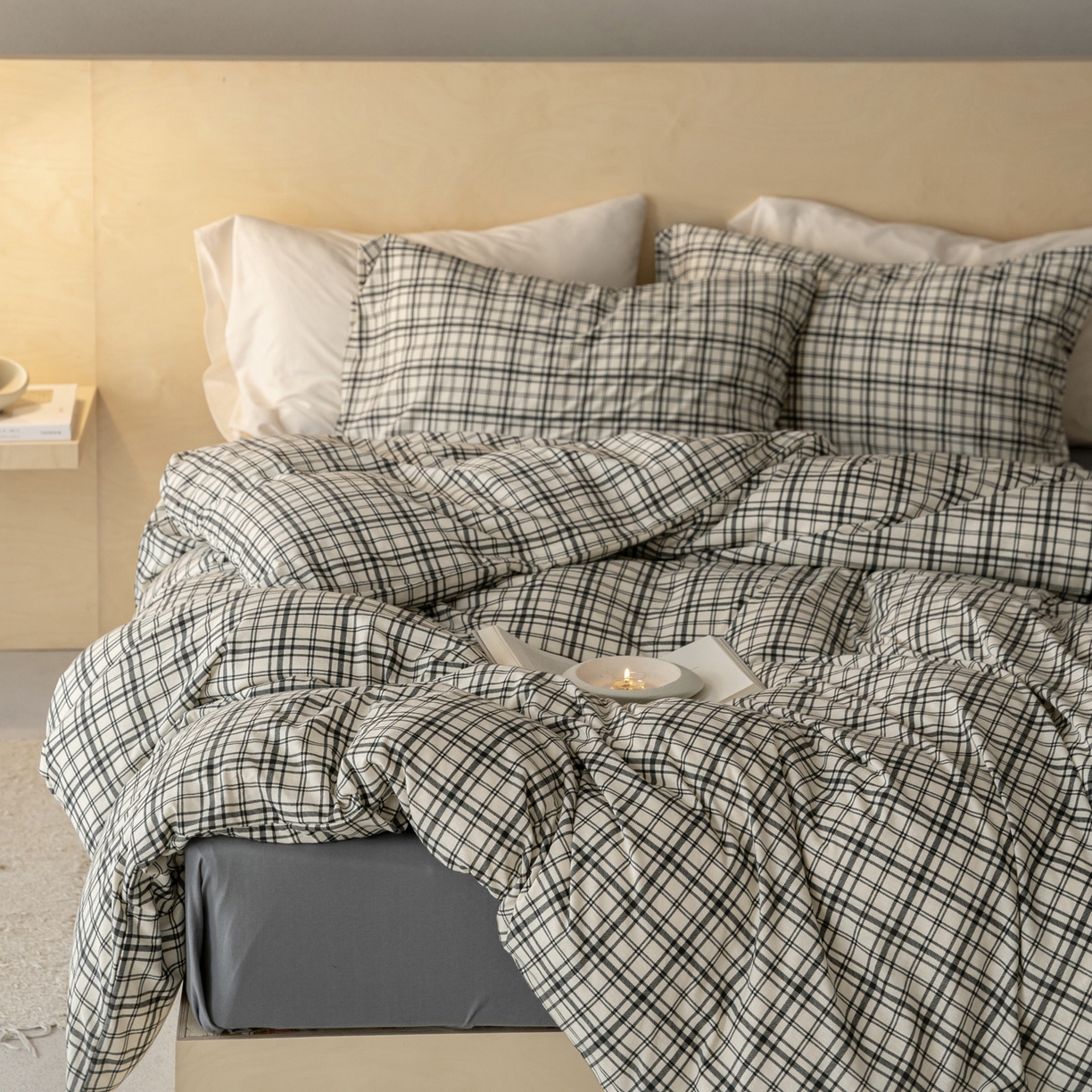 91家纺网 家纺一手货源 找家纺 华超针织 2026新款全棉天竺棉针织格子印花四件套 深灰格配深灰