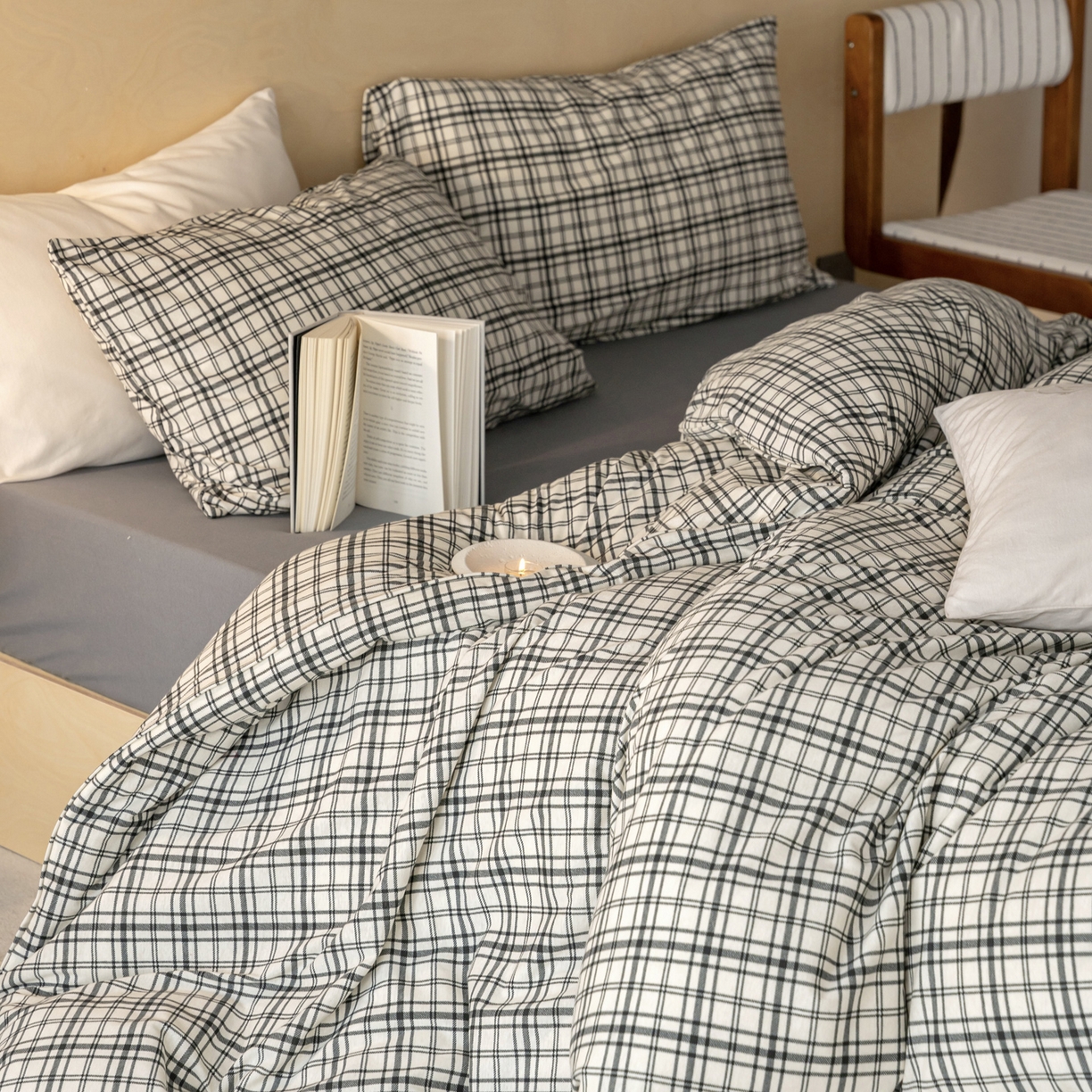 91家纺网 家纺一手货源 找家纺 华超针织 2026新款全棉天竺棉针织格子印花四件套 深灰格配深灰