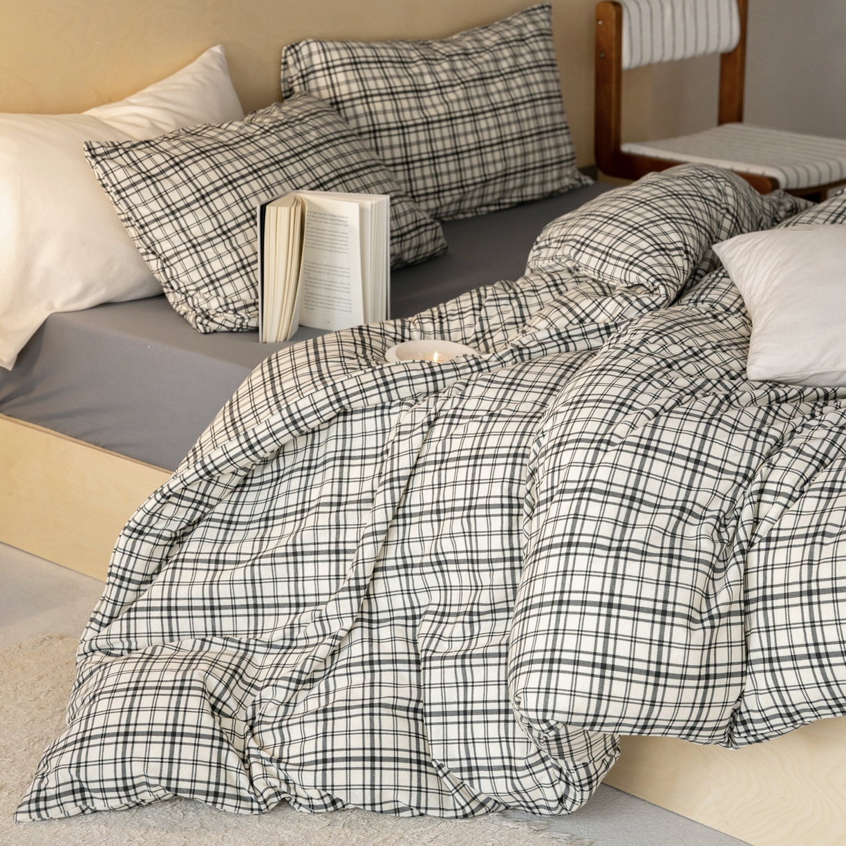 91家纺网 家纺一手货源 找家纺 华超针织 2026新款全棉天竺棉针织格子印花四件套 深灰格配深灰