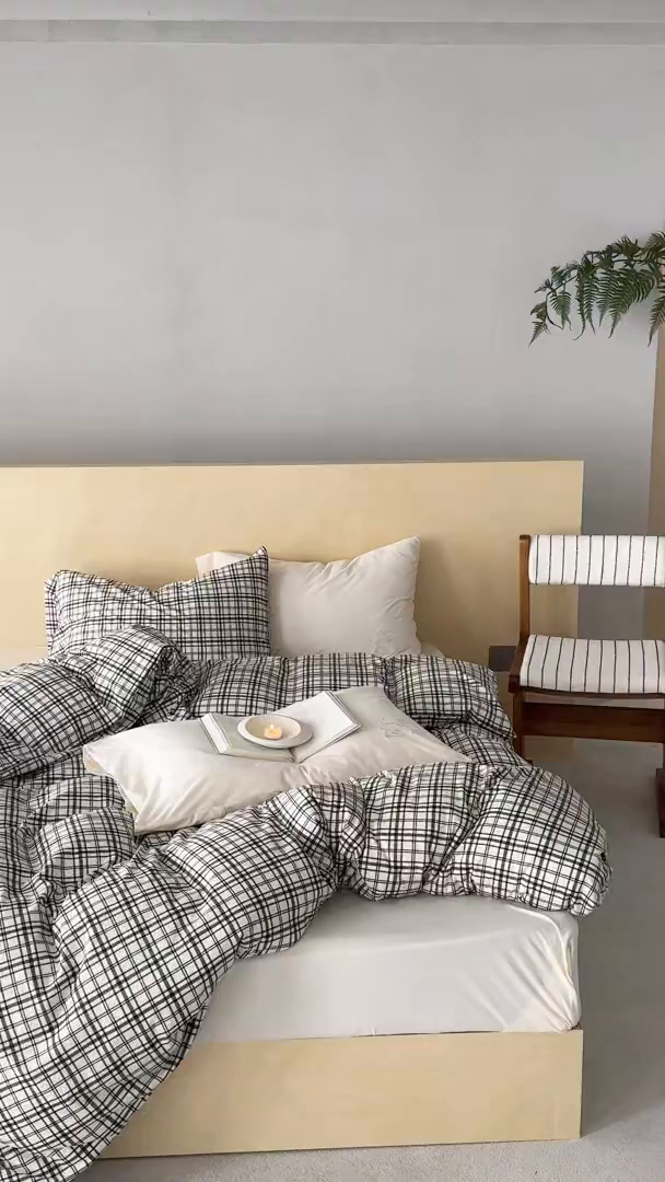 91家纺网 家纺一手货源 找家纺 华超针织 2026新款全棉天竺棉针织格子印花四件套 深灰格配深灰