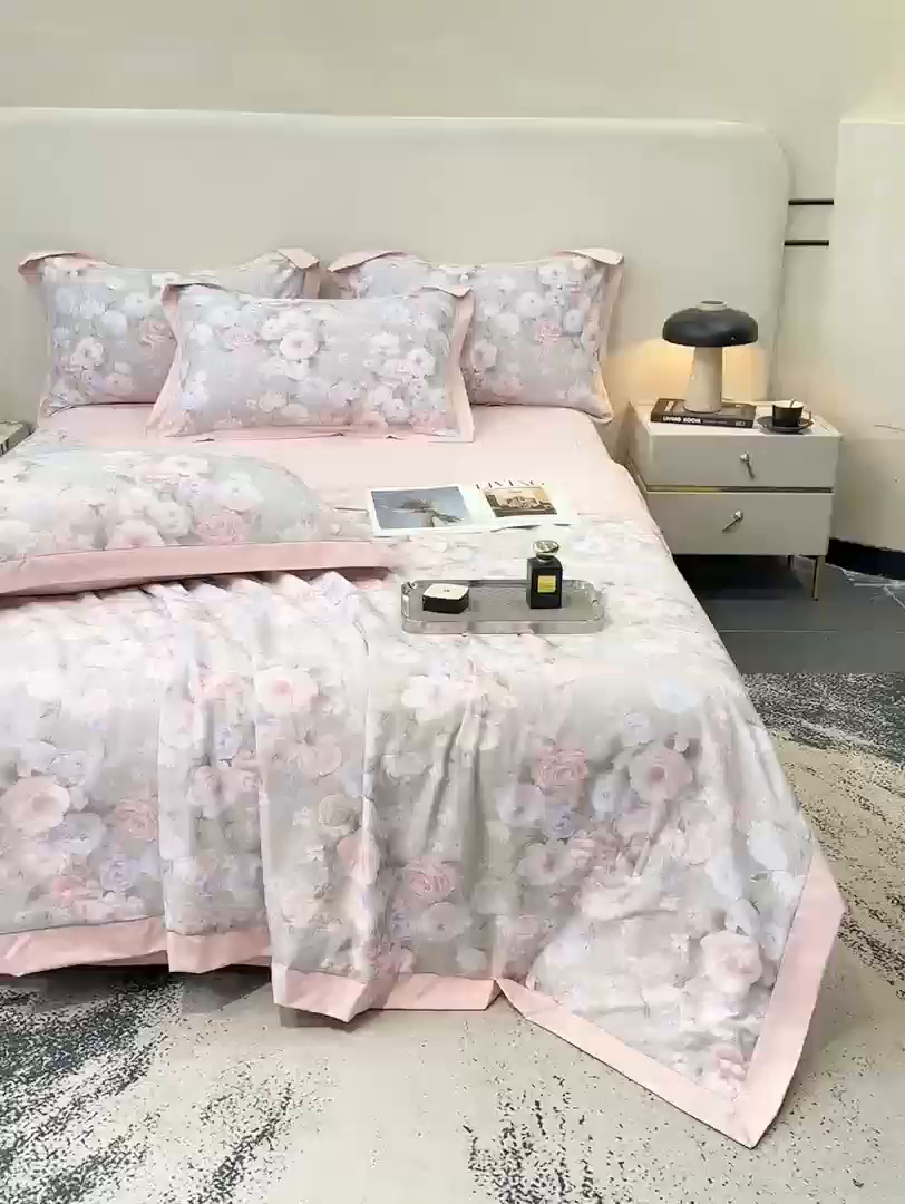 91家纺网 家纺一手货源 找家纺 归属 2026新款凉感天丝棉夏被夏凉被空调被夏被四件套系列 莫奈花（灰）