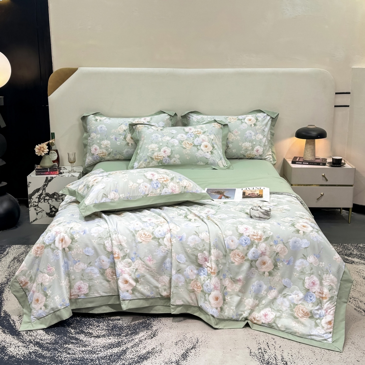 91家纺网 家纺一手货源 找家纺 归属 2026新款凉感天丝棉夏被夏凉被空调被夏被四件套系列 莫奈花（绿)