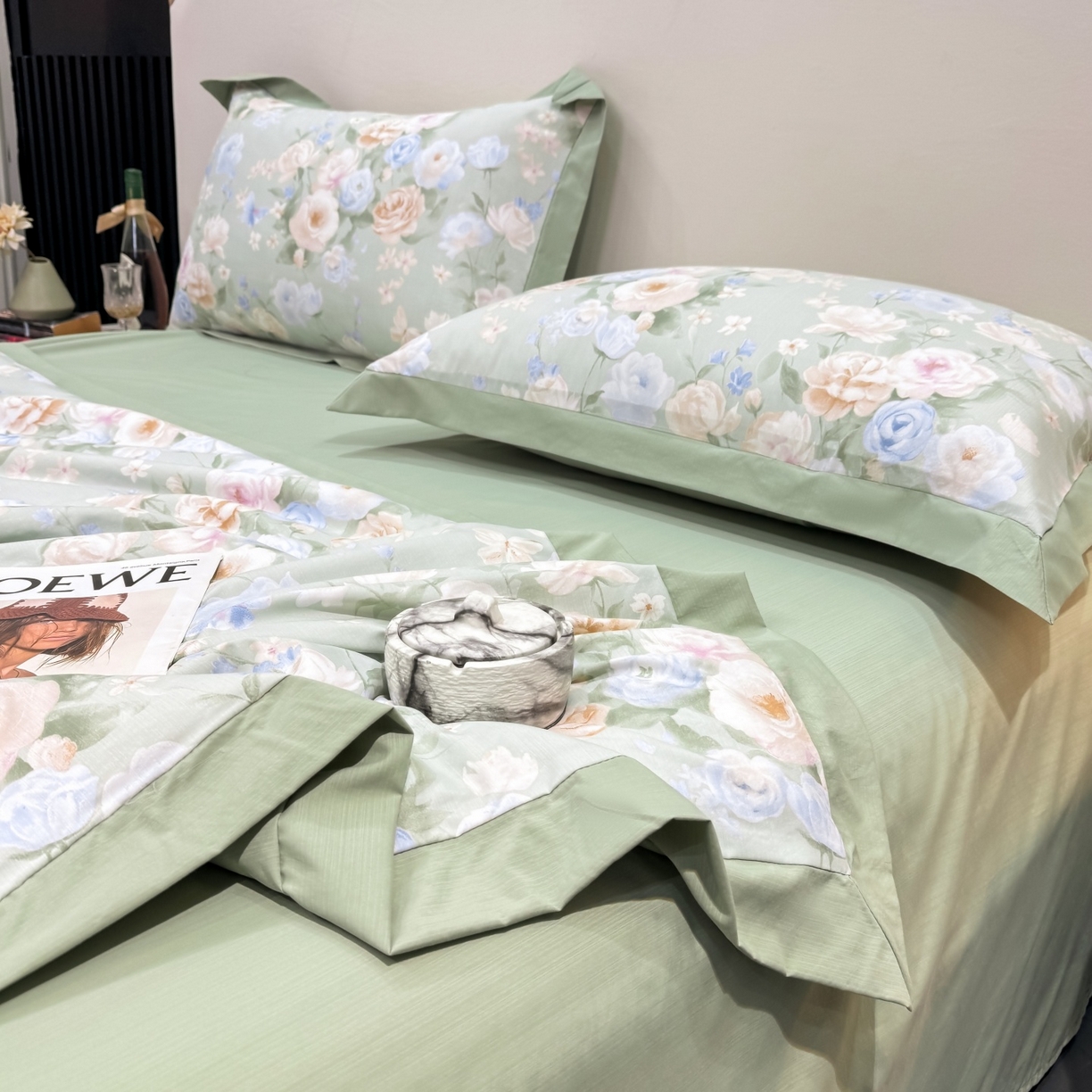 91家纺网 家纺一手货源 找家纺 归属 2026新款凉感天丝棉夏被夏凉被空调被夏被四件套系列 莫奈花（绿)