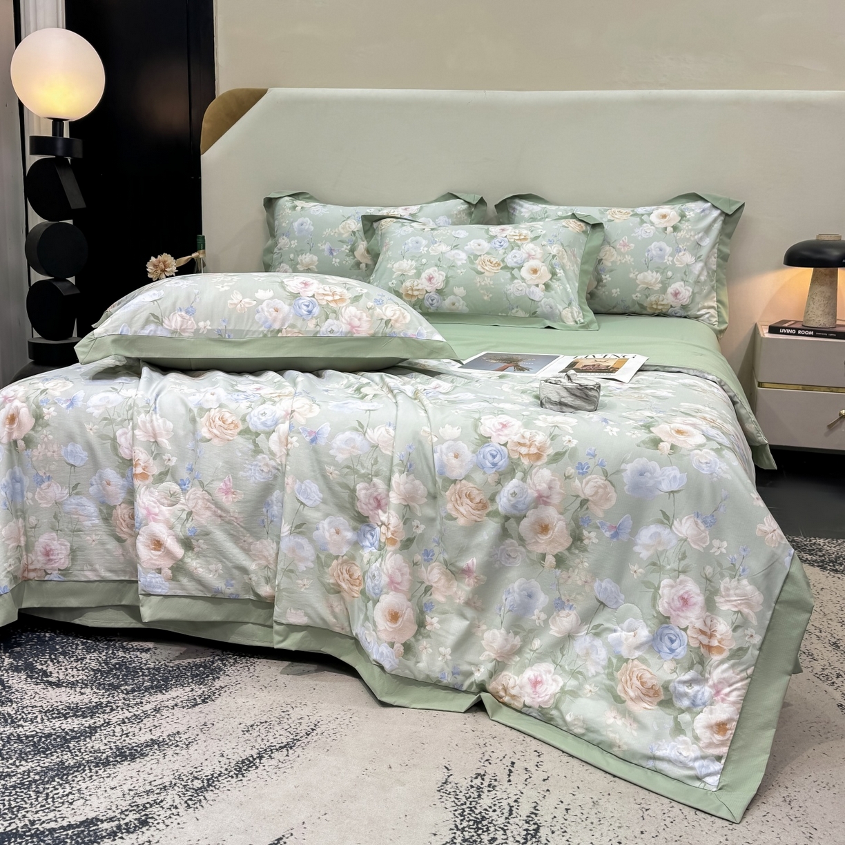 91家纺网 家纺一手货源 找家纺 归属 2026新款凉感天丝棉夏被夏凉被空调被夏被四件套系列 莫奈花（绿)