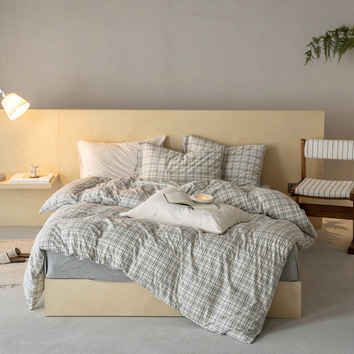 91家纺网 家纺一手货源 找家纺 华超针织 2026新款全棉天竺棉针织格子印花四件套 浅灰格配麻灰