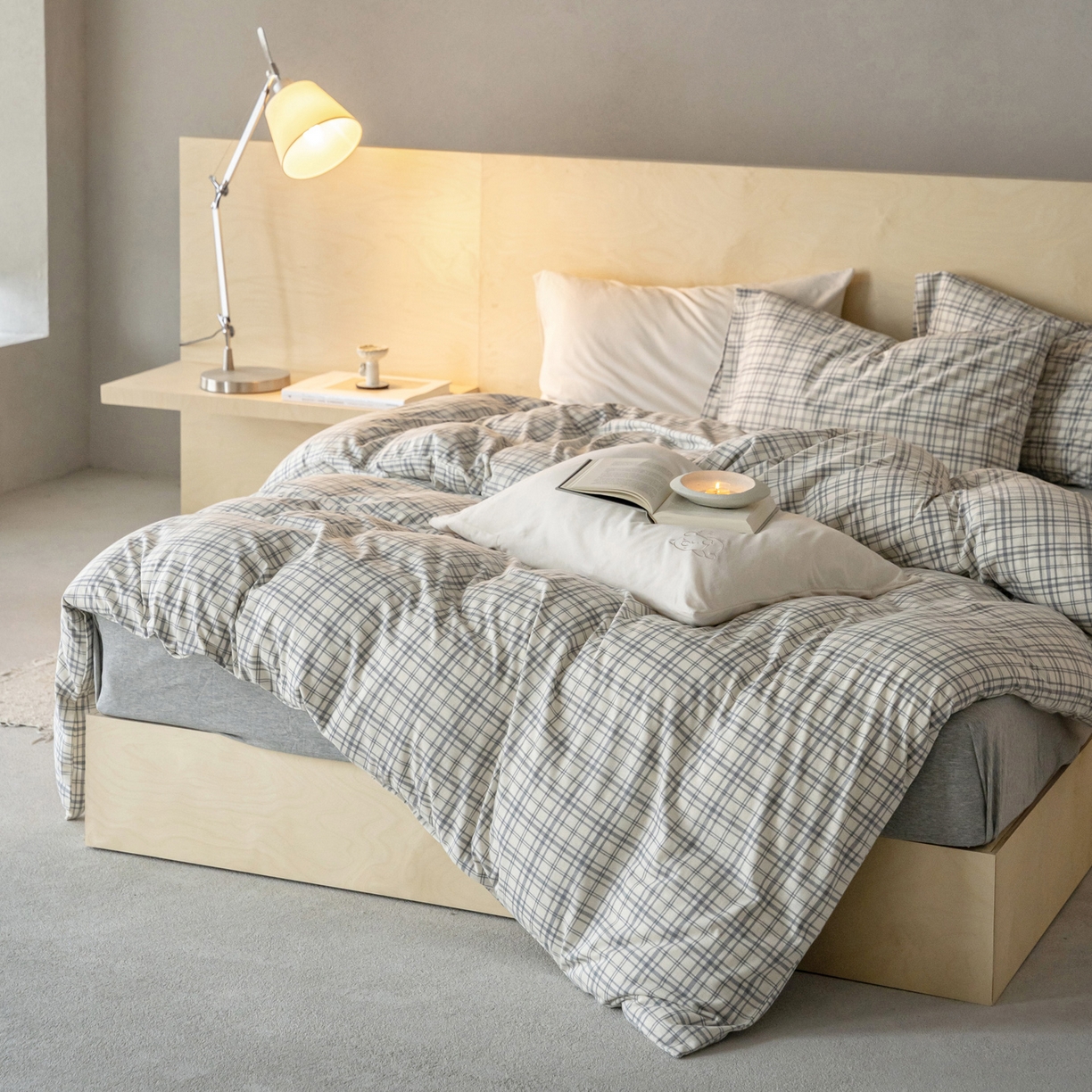 91家纺网 家纺一手货源 找家纺 华超针织 2026新款全棉天竺棉针织格子印花四件套 浅灰格配麻灰