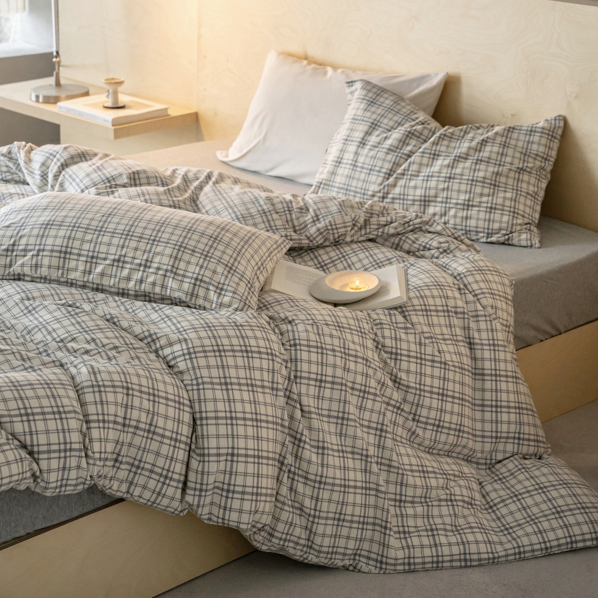 91家纺网 家纺一手货源 找家纺 华超针织 2026新款全棉天竺棉针织格子印花四件套 浅灰格配麻灰