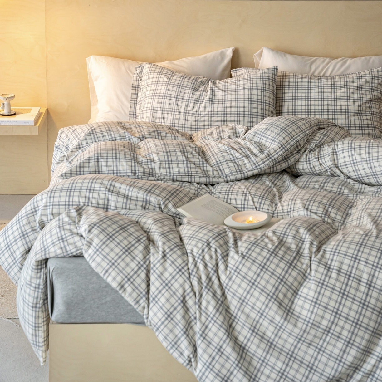 91家纺网 家纺一手货源 找家纺 华超针织 2026新款全棉天竺棉针织格子印花四件套 浅灰格配麻灰