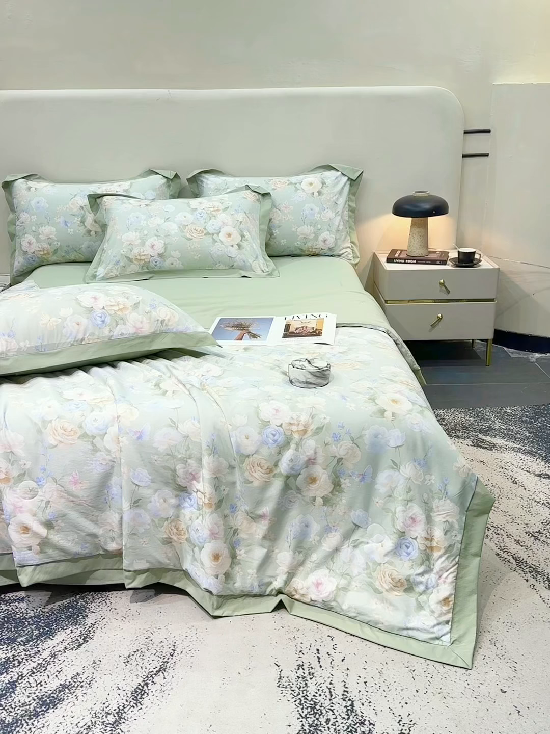 91家纺网 家纺一手货源 找家纺 归属 2026新款凉感天丝棉夏被夏凉被空调被夏被四件套系列 莫奈花（绿)