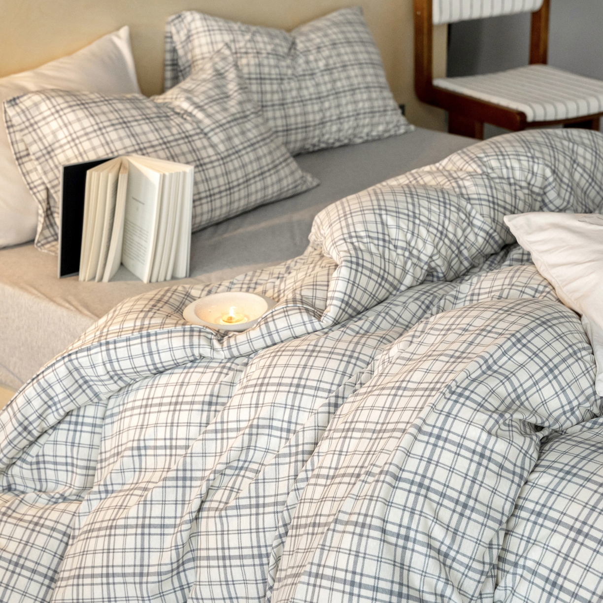 91家纺网 家纺一手货源 找家纺 华超针织 2026新款全棉天竺棉针织格子印花四件套 浅灰格配麻灰