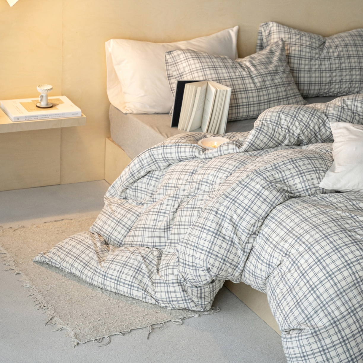 91家纺网 家纺一手货源 找家纺 华超针织 2026新款全棉天竺棉针织格子印花四件套 浅灰格配麻灰