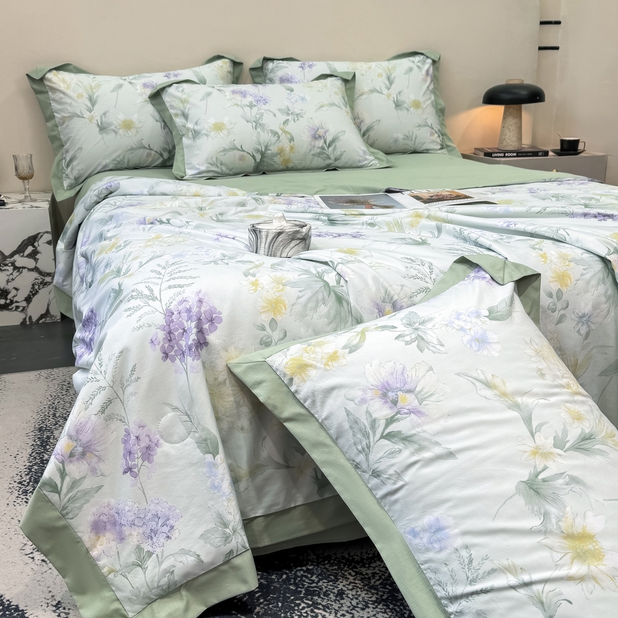 91家纺网 家纺一手货源 找家纺 归属 2026新款凉感天丝棉夏被夏凉被空调被夏被四件套系列 浅野绿