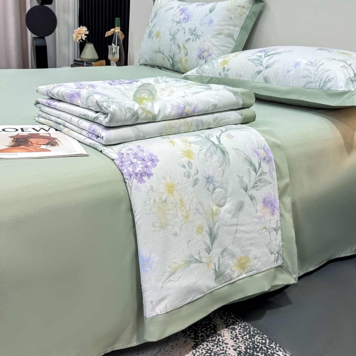 91家纺网 家纺一手货源 找家纺 归属 2026新款凉感天丝棉夏被夏凉被空调被夏被四件套系列 浅野绿