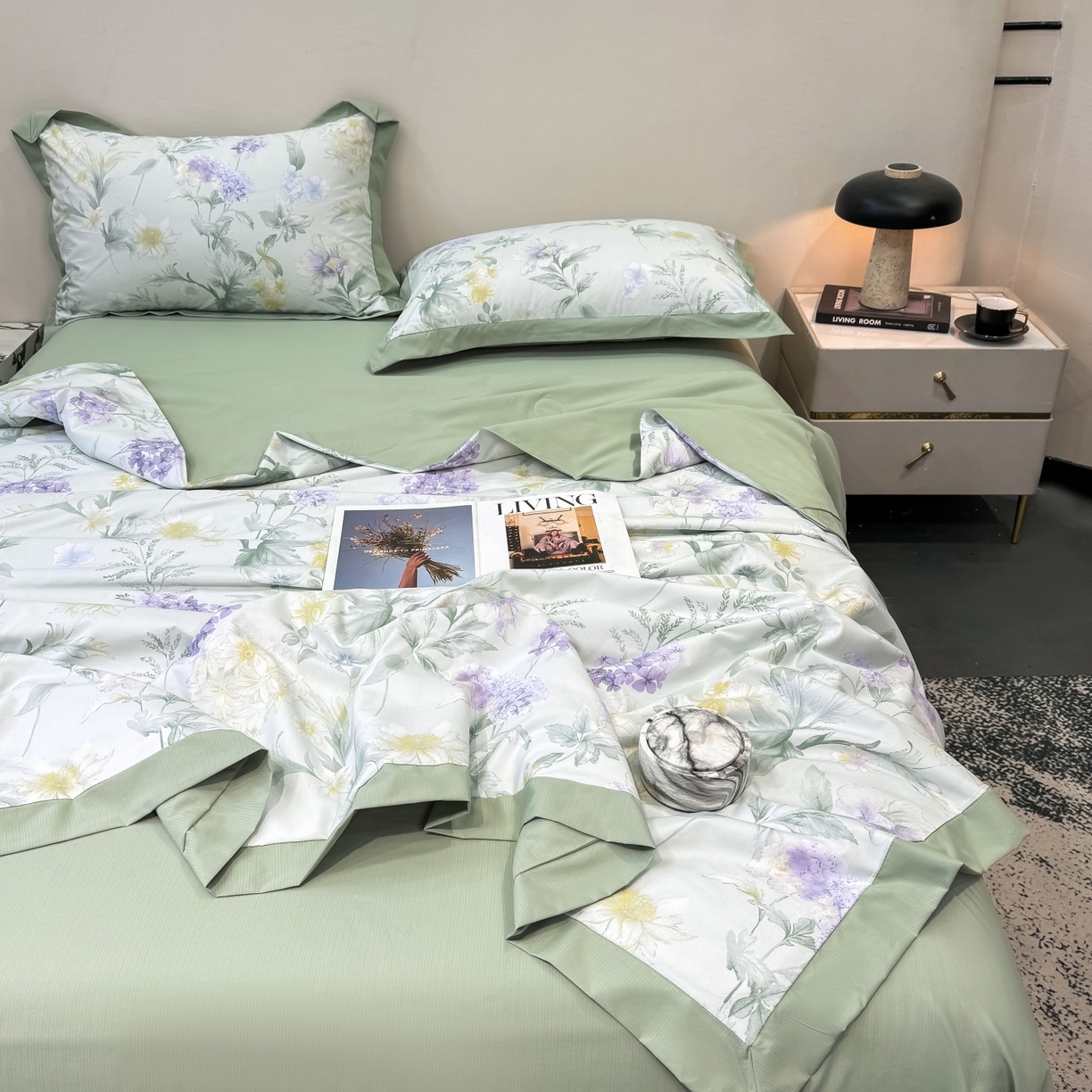 91家纺网 家纺一手货源 找家纺 归属 2026新款凉感天丝棉夏被夏凉被空调被夏被四件套系列 浅野绿