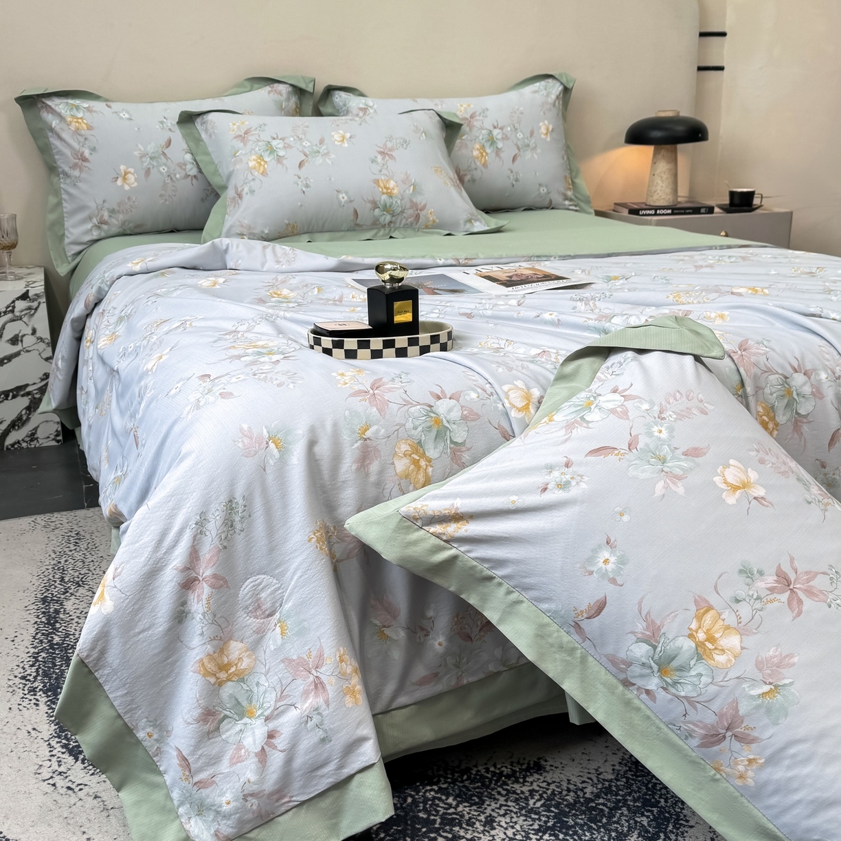 91家纺网 家纺一手货源 找家纺 归属 2026新款凉感天丝棉夏被夏凉被空调被夏被四件套系列 青禾花