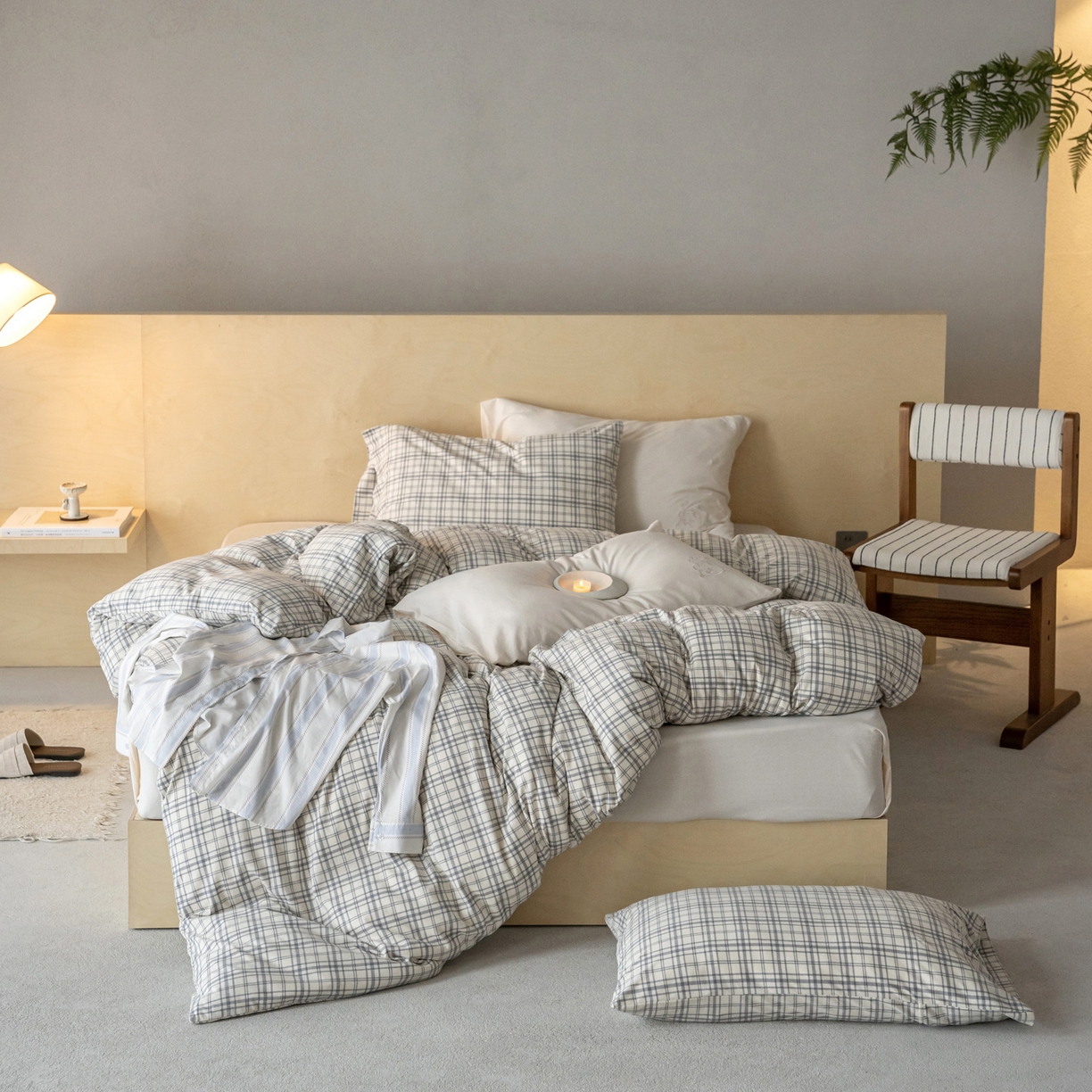 91家纺网 家纺一手货源 找家纺 华超针织 2026新款全棉天竺棉针织格子印花四件套 浅灰格配米白