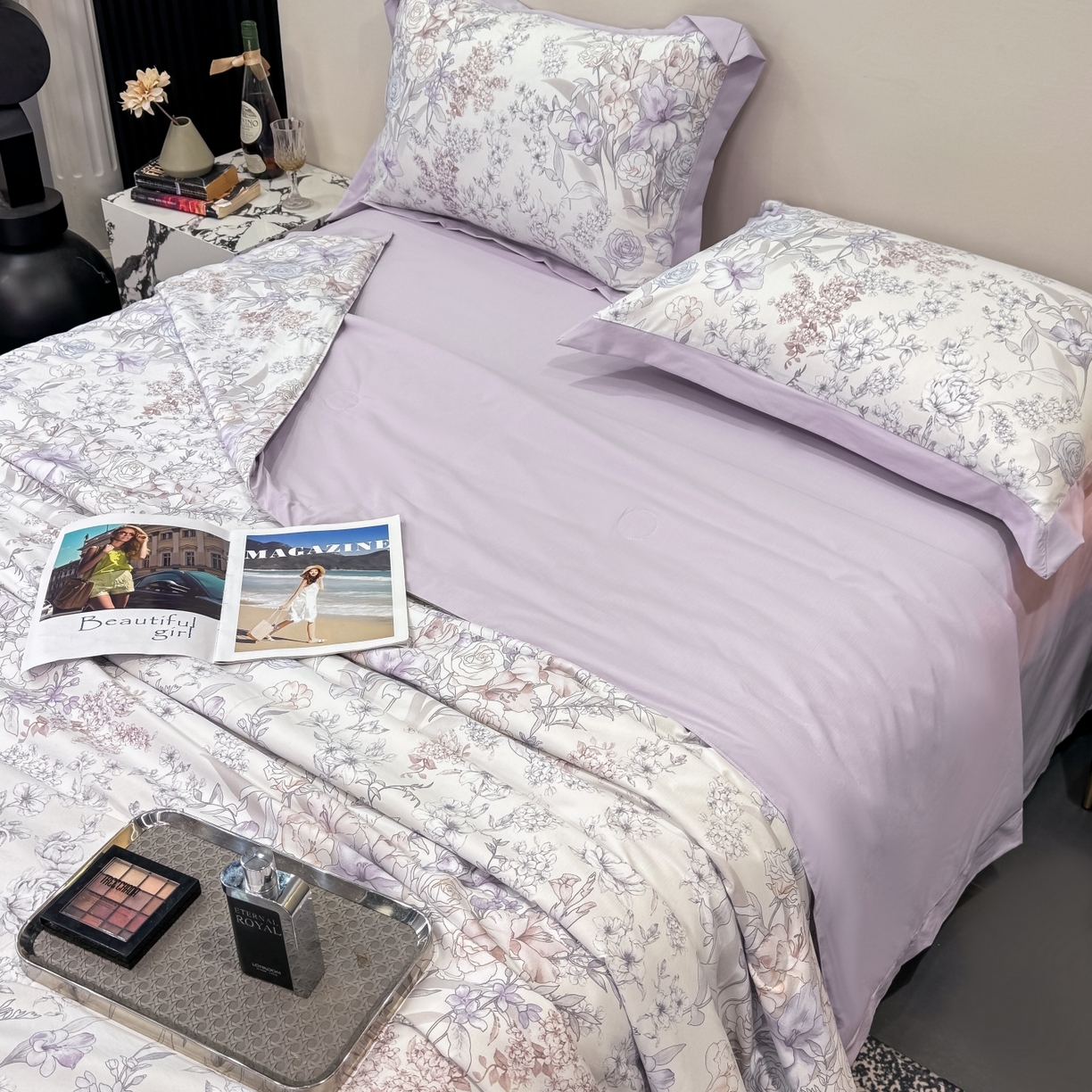 91家纺网 家纺一手货源 找家纺 归属 2026新款凉感天丝棉夏被夏凉被空调被夏被四件套系列 盛夏紫