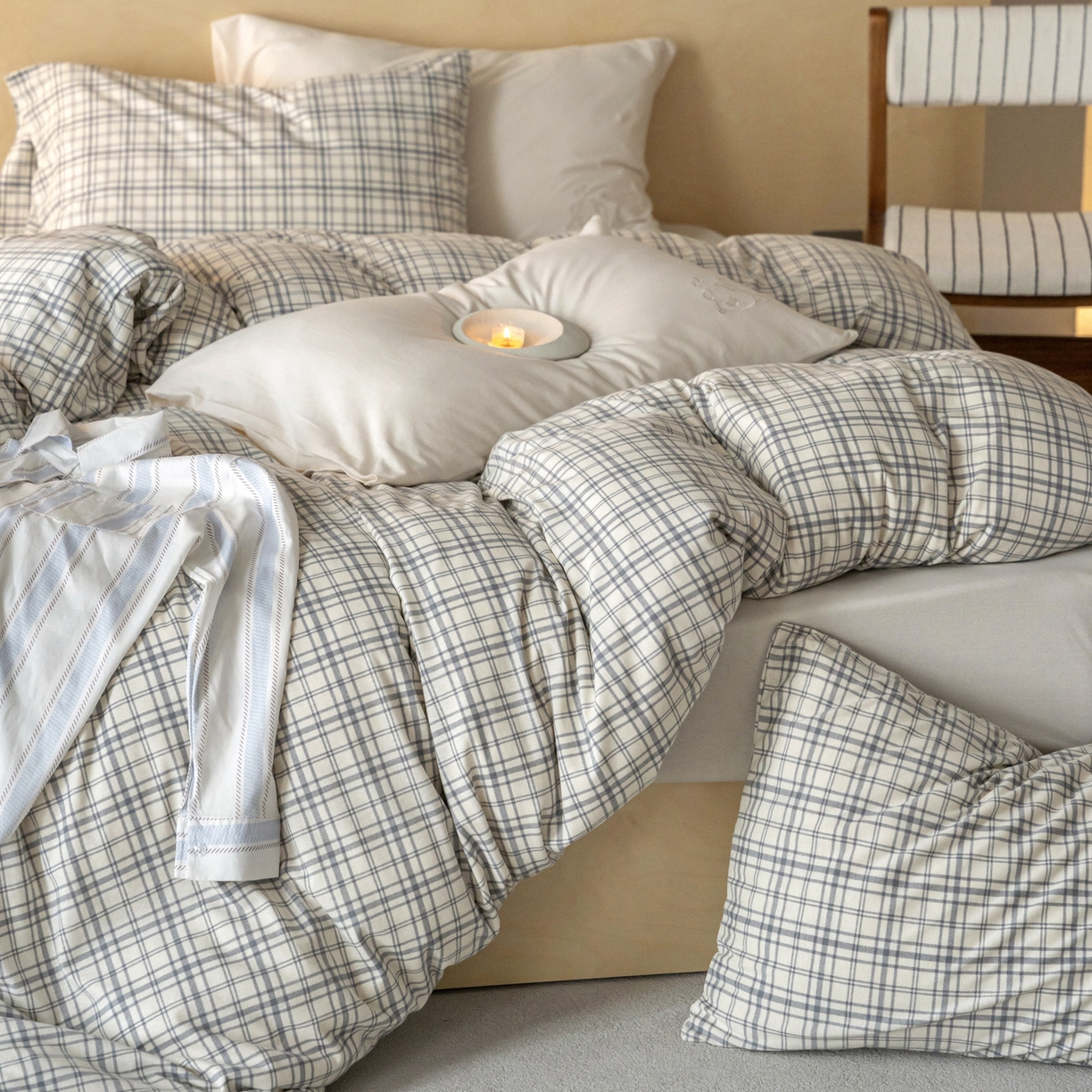 91家纺网 家纺一手货源 找家纺 华超针织 2026新款全棉天竺棉针织格子印花四件套 浅灰格配米白