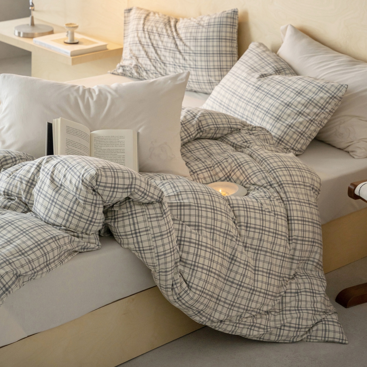 91家纺网 家纺一手货源 找家纺 华超针织 2026新款全棉天竺棉针织格子印花四件套 浅灰格配米白