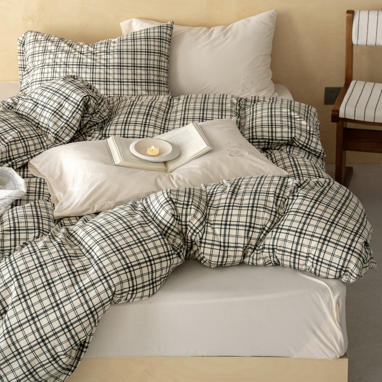 华超针织 2026新款全棉天竺棉针织格子印花四件套 深灰格配米白