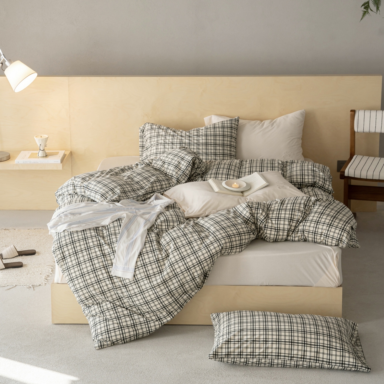 91家纺网 家纺一手货源 找家纺 华超针织 2026新款全棉天竺棉针织格子印花四件套 深灰格配米白