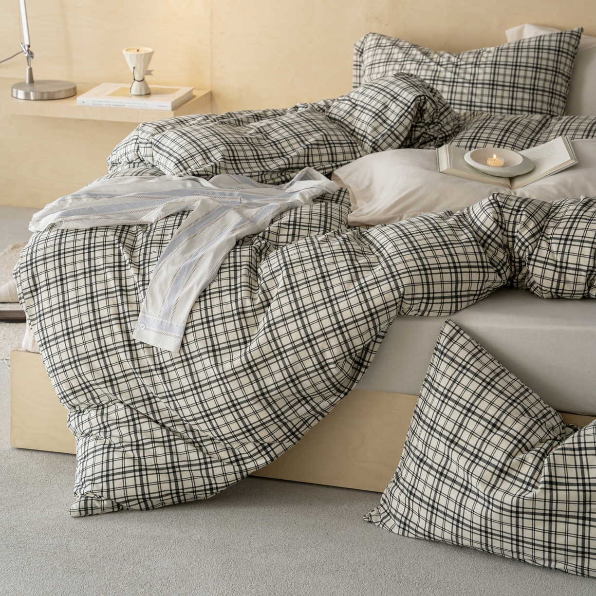 91家纺网 家纺一手货源 找家纺 华超针织 2026新款全棉天竺棉针织格子印花四件套 深灰格配米白