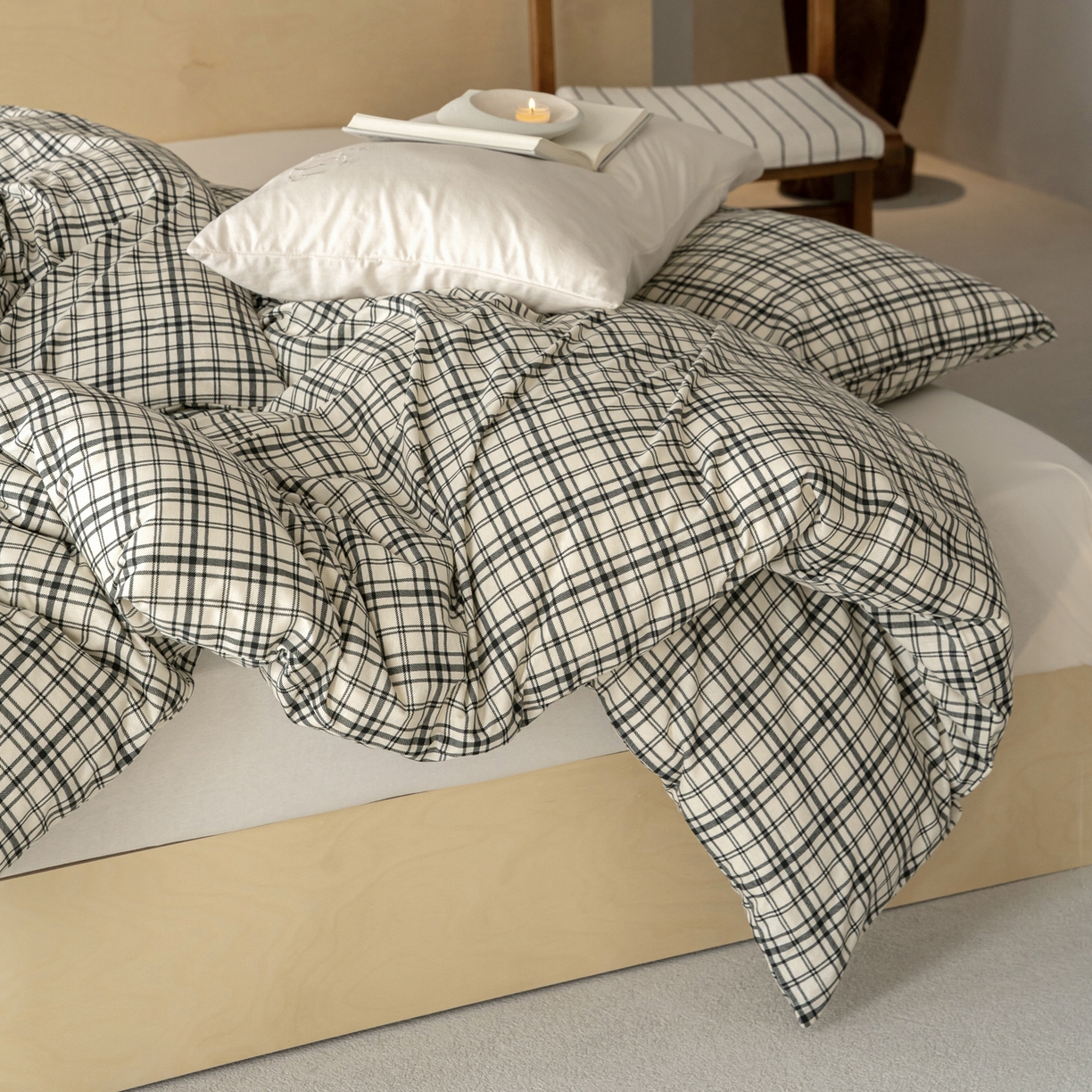 91家纺网 家纺一手货源 找家纺 华超针织 2026新款全棉天竺棉针织格子印花四件套 深灰格配米白