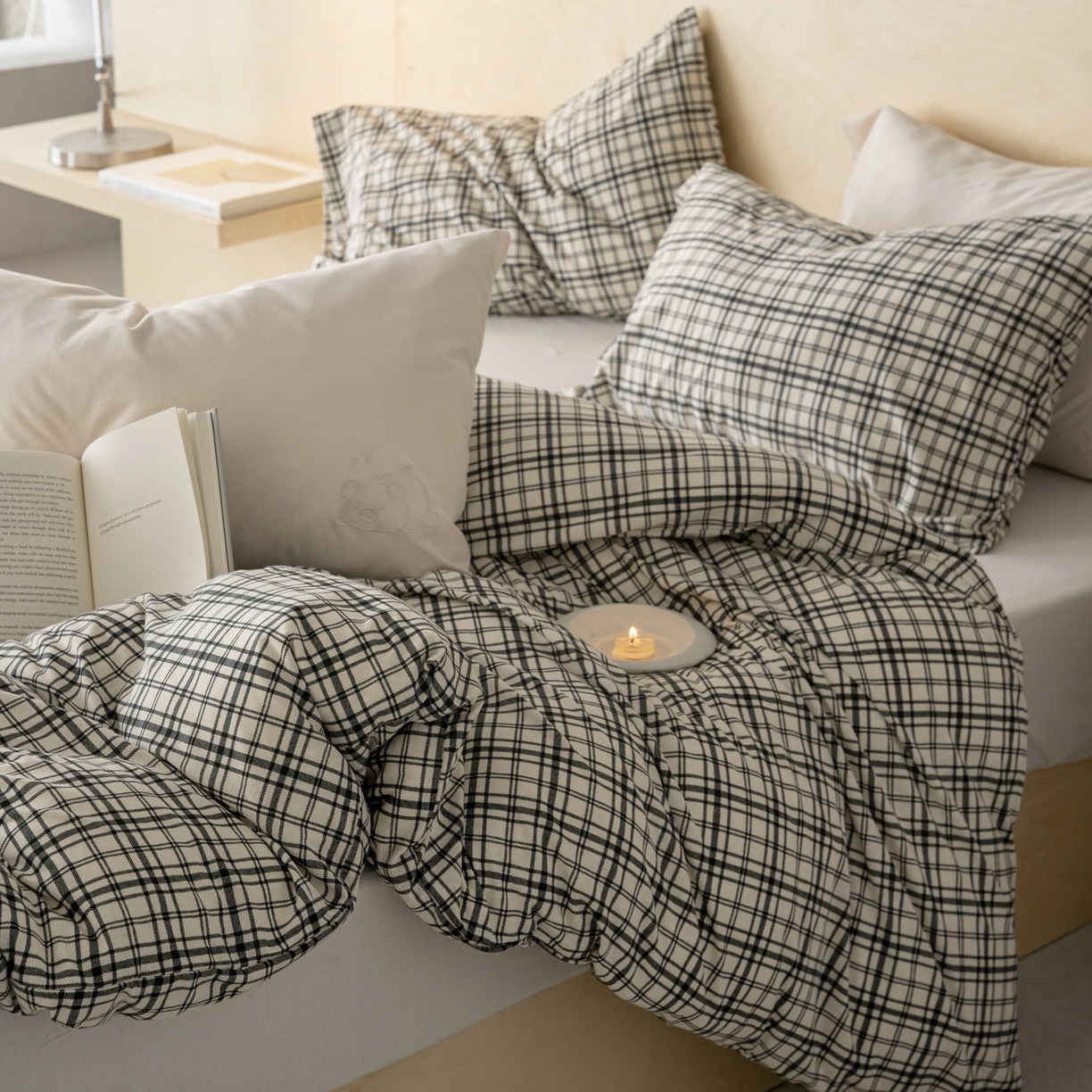 91家纺网 家纺一手货源 找家纺 华超针织 2026新款全棉天竺棉针织格子印花四件套 深灰格配米白