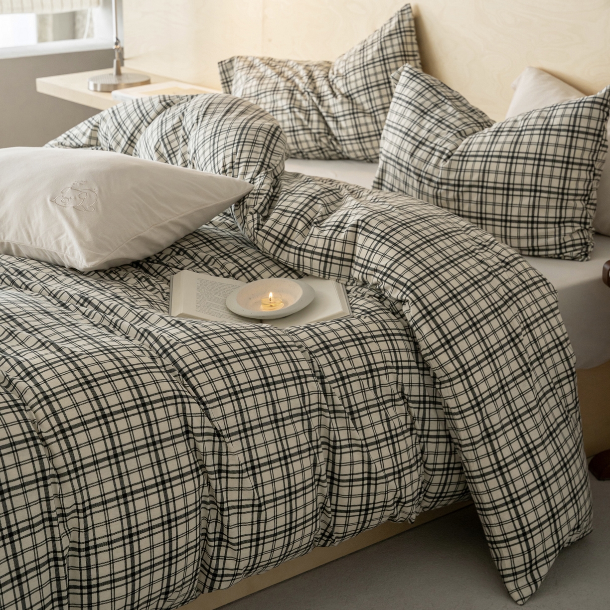 91家纺网 家纺一手货源 找家纺 华超针织 2026新款全棉天竺棉针织格子印花四件套 深灰格配米白