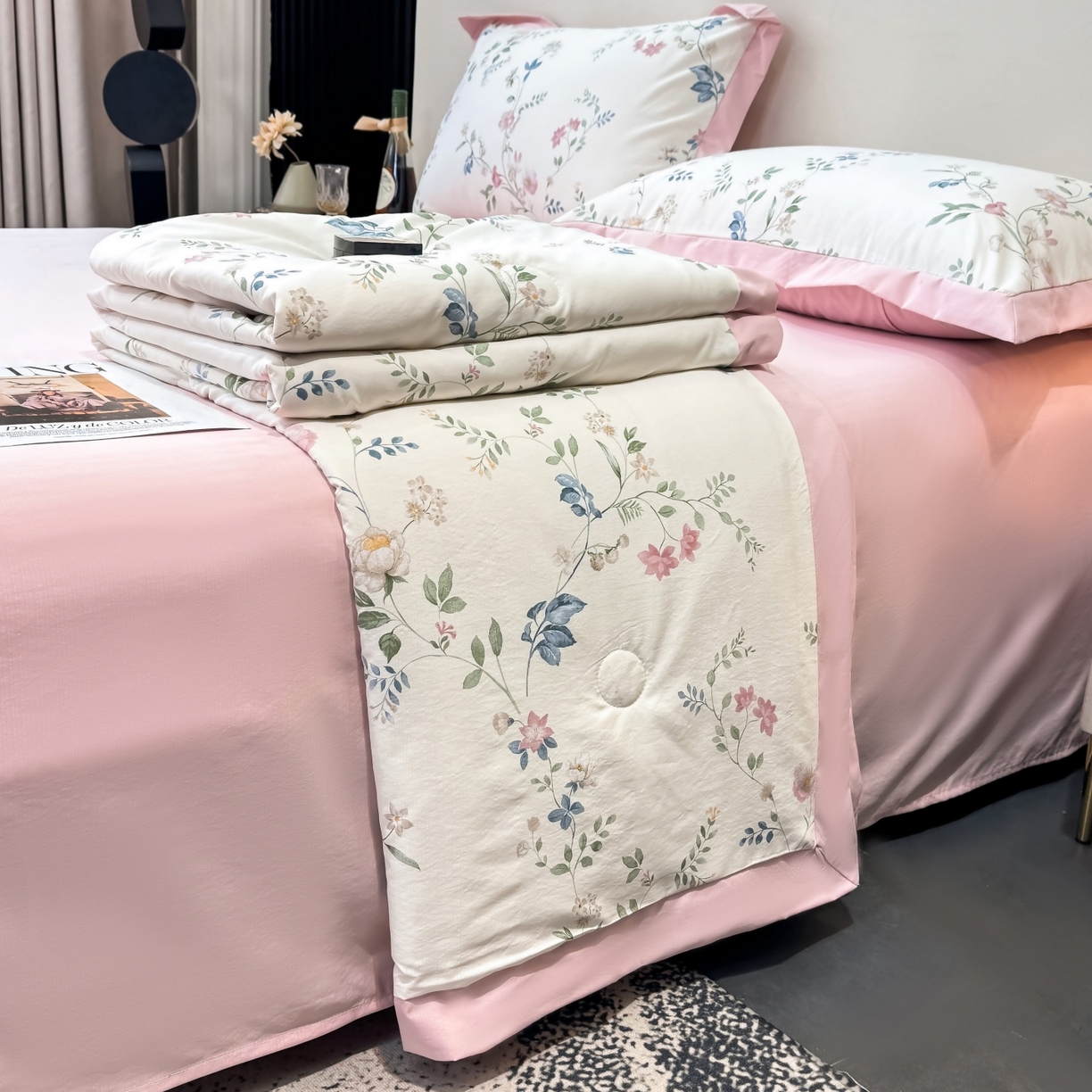 91家纺网 家纺一手货源 找家纺 归属 2026新款凉感天丝棉夏被夏凉被空调被夏被四件套系列 未央粉