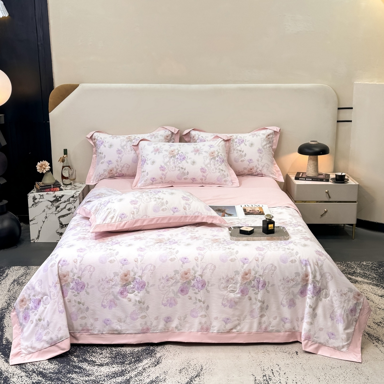 91家纺网 家纺一手货源 找家纺 归属 2026新款凉感天丝棉夏被夏凉被空调被夏被四件套系列 伊莉莎（粉）