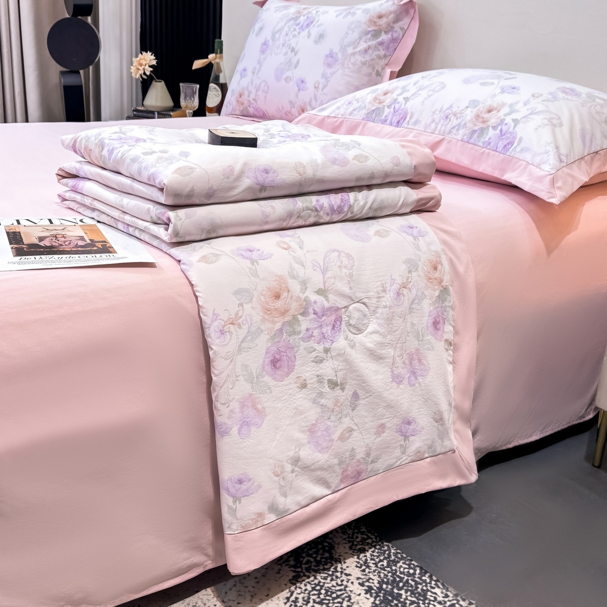 91家纺网 家纺一手货源 找家纺 归属 2026新款凉感天丝棉夏被夏凉被空调被夏被四件套系列 伊莉莎（粉）