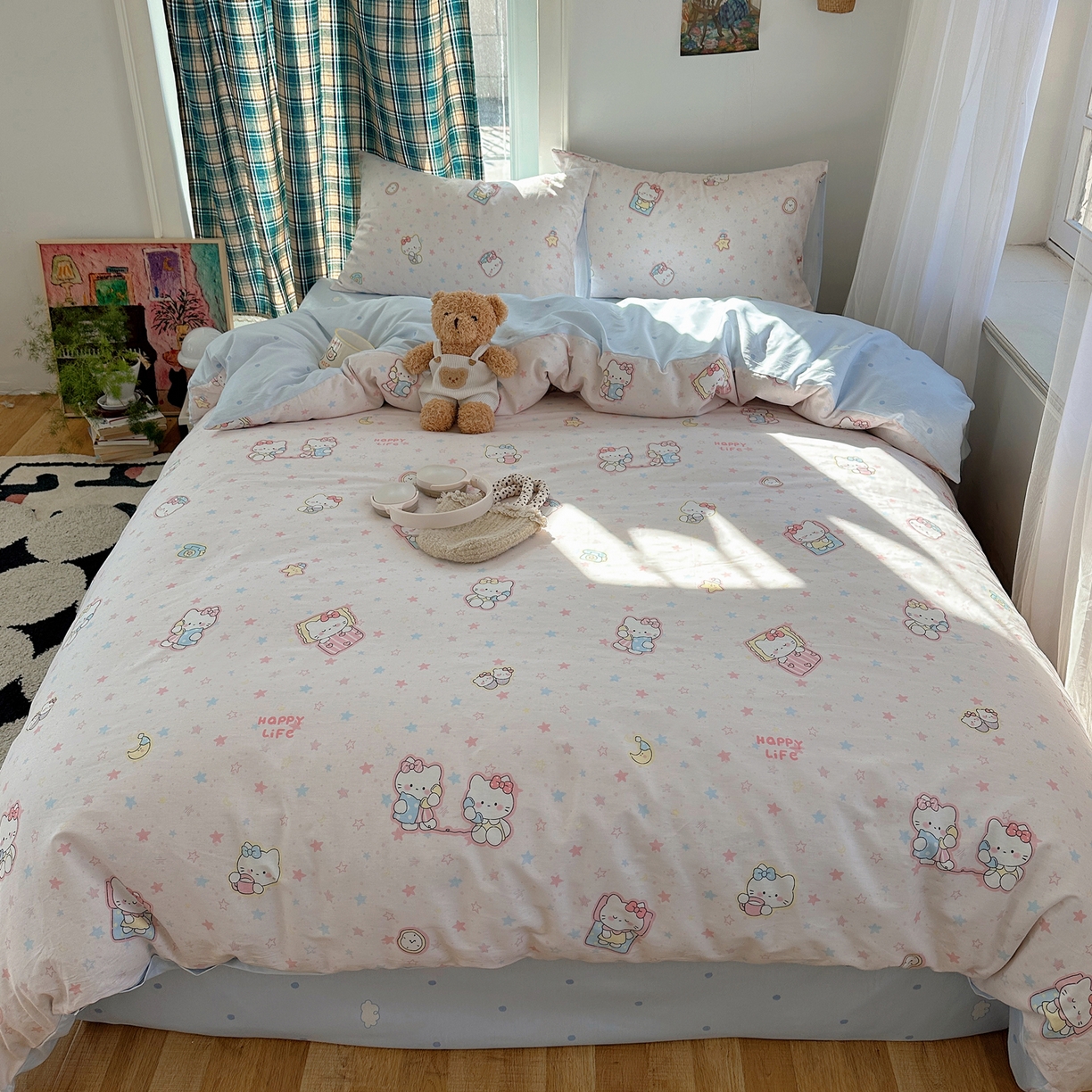 91家纺网 家纺一手货源 找家纺 六巷胡同 2026新款INS减龄可爱风卡通40支13070全棉四件套（第三系列） 粉星闺蜜喵