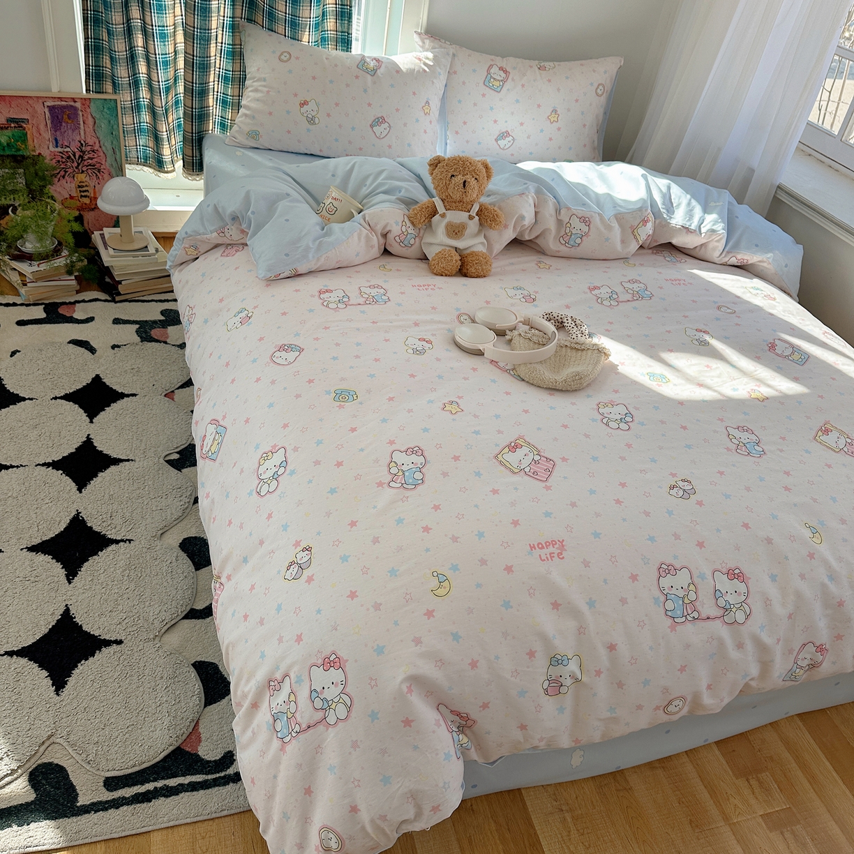 91家纺网 家纺一手货源 找家纺 六巷胡同 2026新款INS减龄可爱风卡通40支13070全棉四件套（第三系列） 粉星闺蜜喵