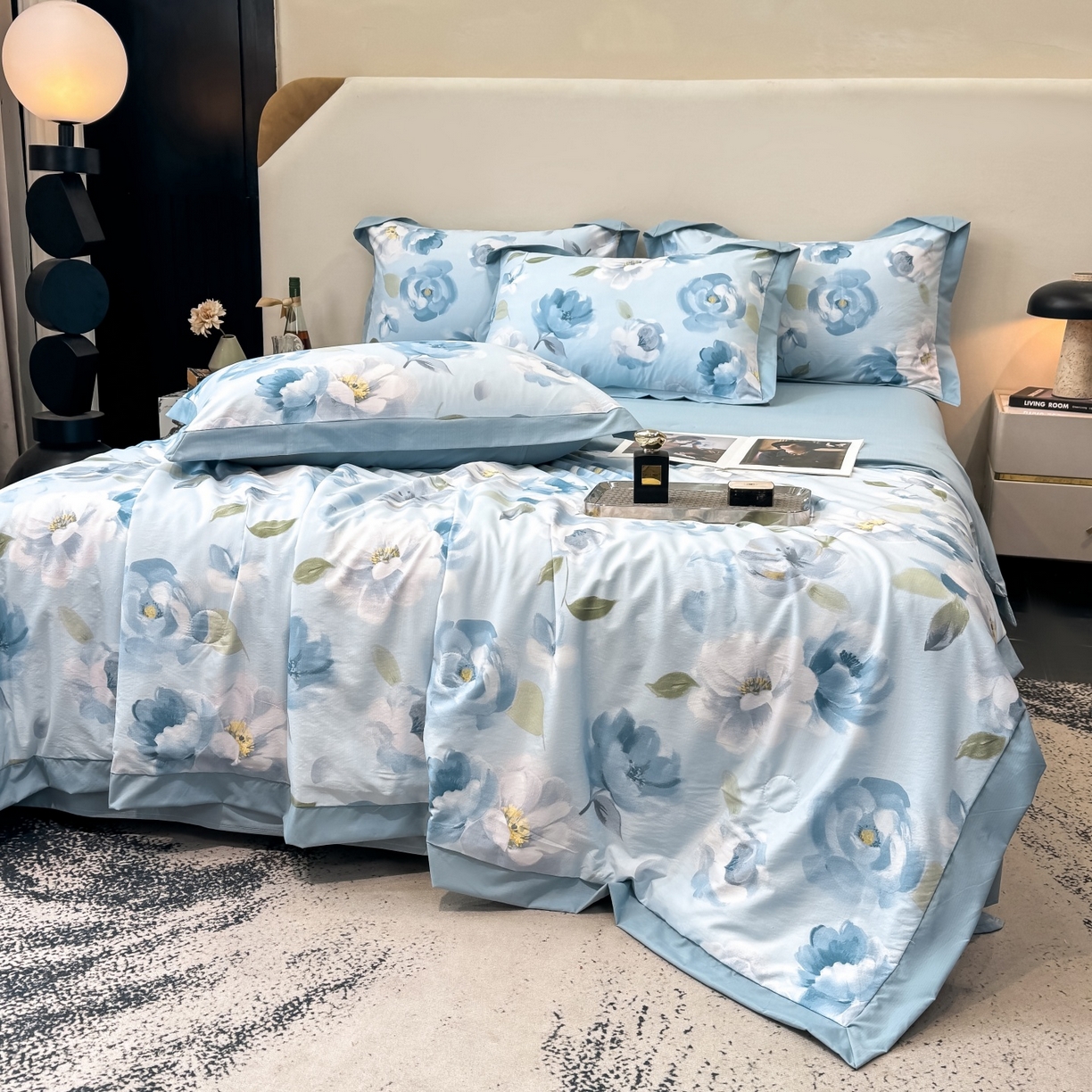 91家纺网 家纺一手货源 找家纺 归属 2026新款凉感天丝棉夏被夏凉被空调被夏被四件套系列 云兮蓝