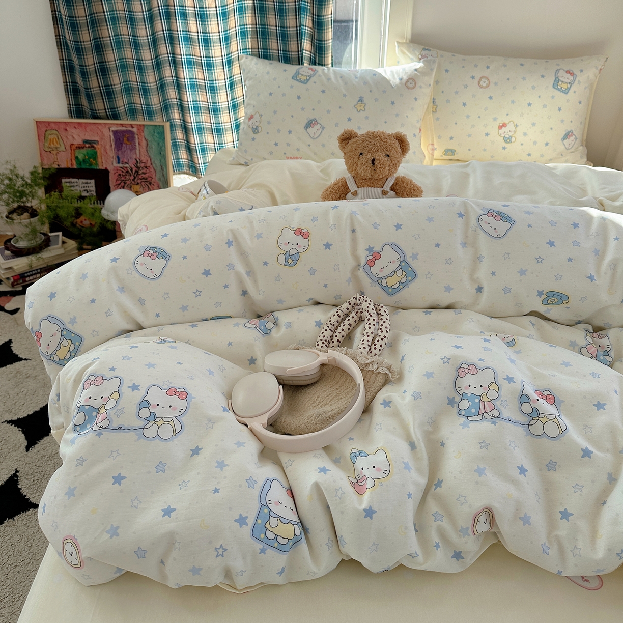 六巷胡同 2026新款INS减龄可爱风卡通40支13070全棉四件套（第三系列） 蓝星电话喵