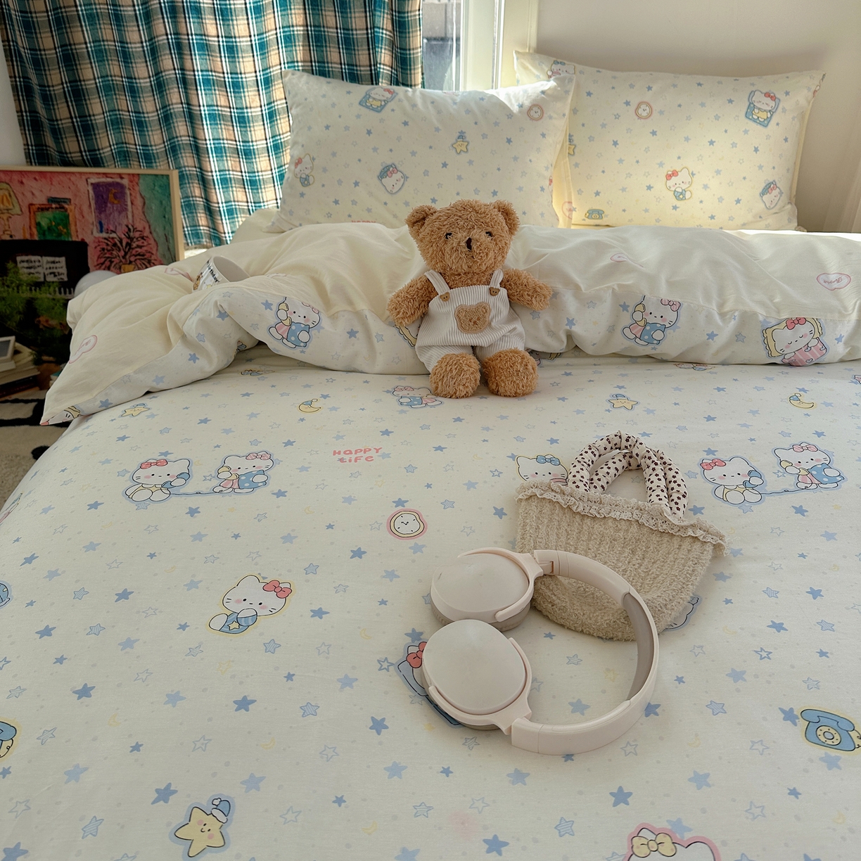 91家纺网 家纺一手货源 找家纺 六巷胡同 2026新款INS减龄可爱风卡通40支13070全棉四件套（第三系列） 蓝星电话喵