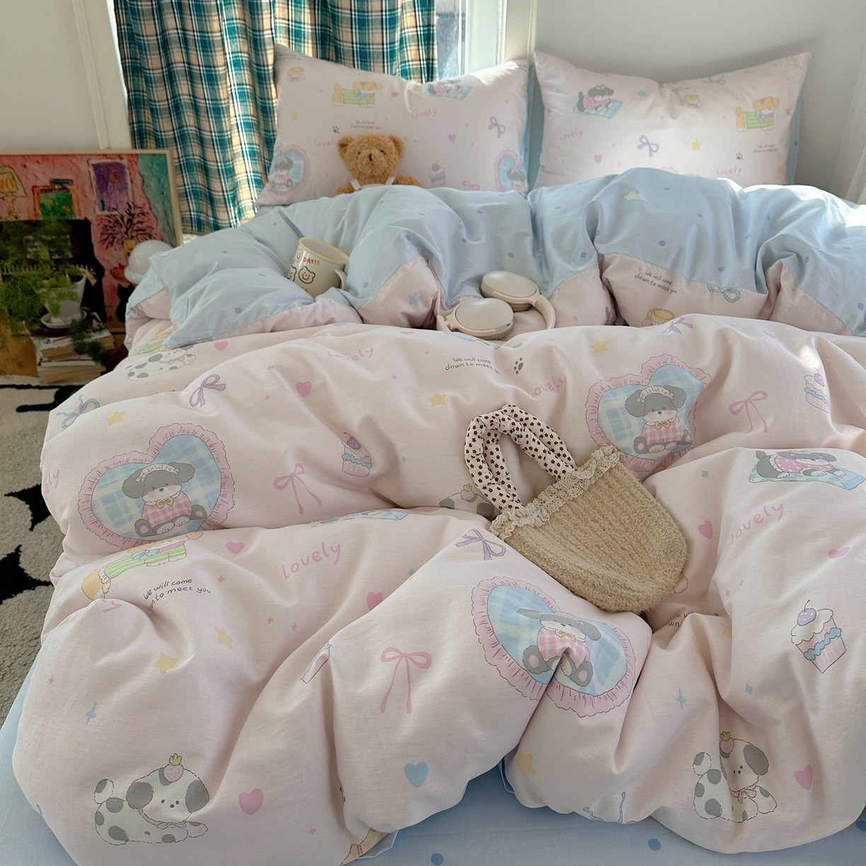 六巷胡同 2026新款INS减龄可爱风卡通40支13070全棉四件套（第三系列） 小狗茶话会