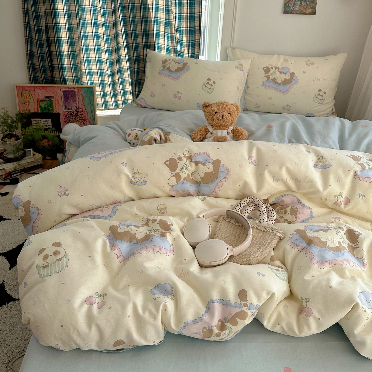 六巷胡同 2026新款INS减龄可爱风卡通40支13070全棉四件套（第三系列） 慵懒猫咪崽