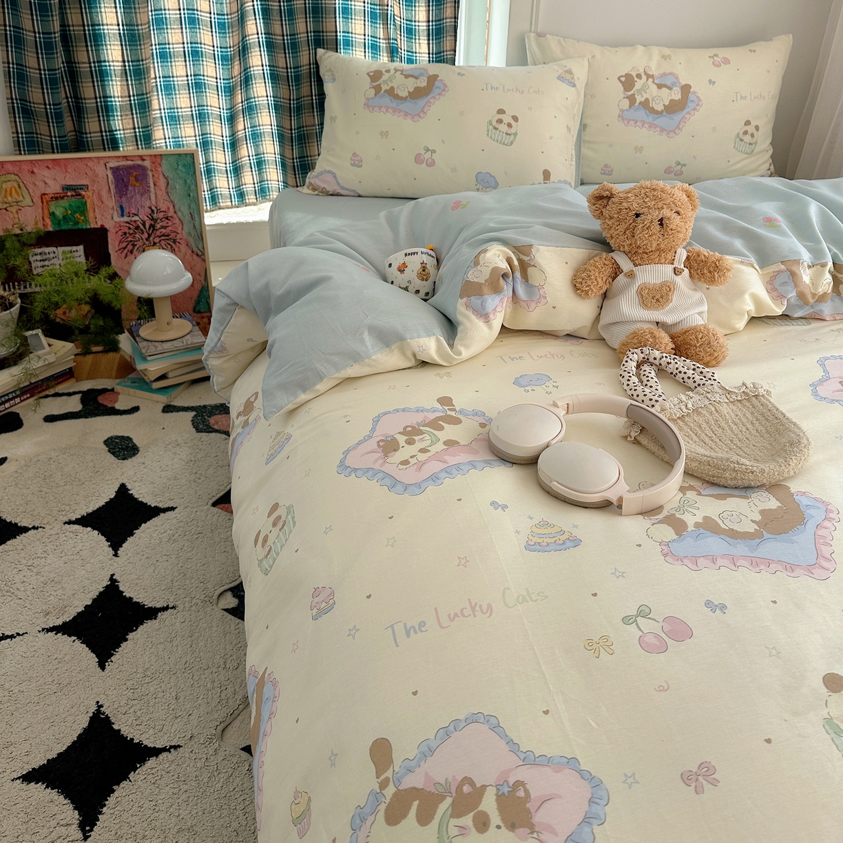 91家纺网 家纺一手货源 找家纺 六巷胡同 2026新款INS减龄可爱风卡通40支13070全棉四件套（第三系列） 慵懒猫咪崽