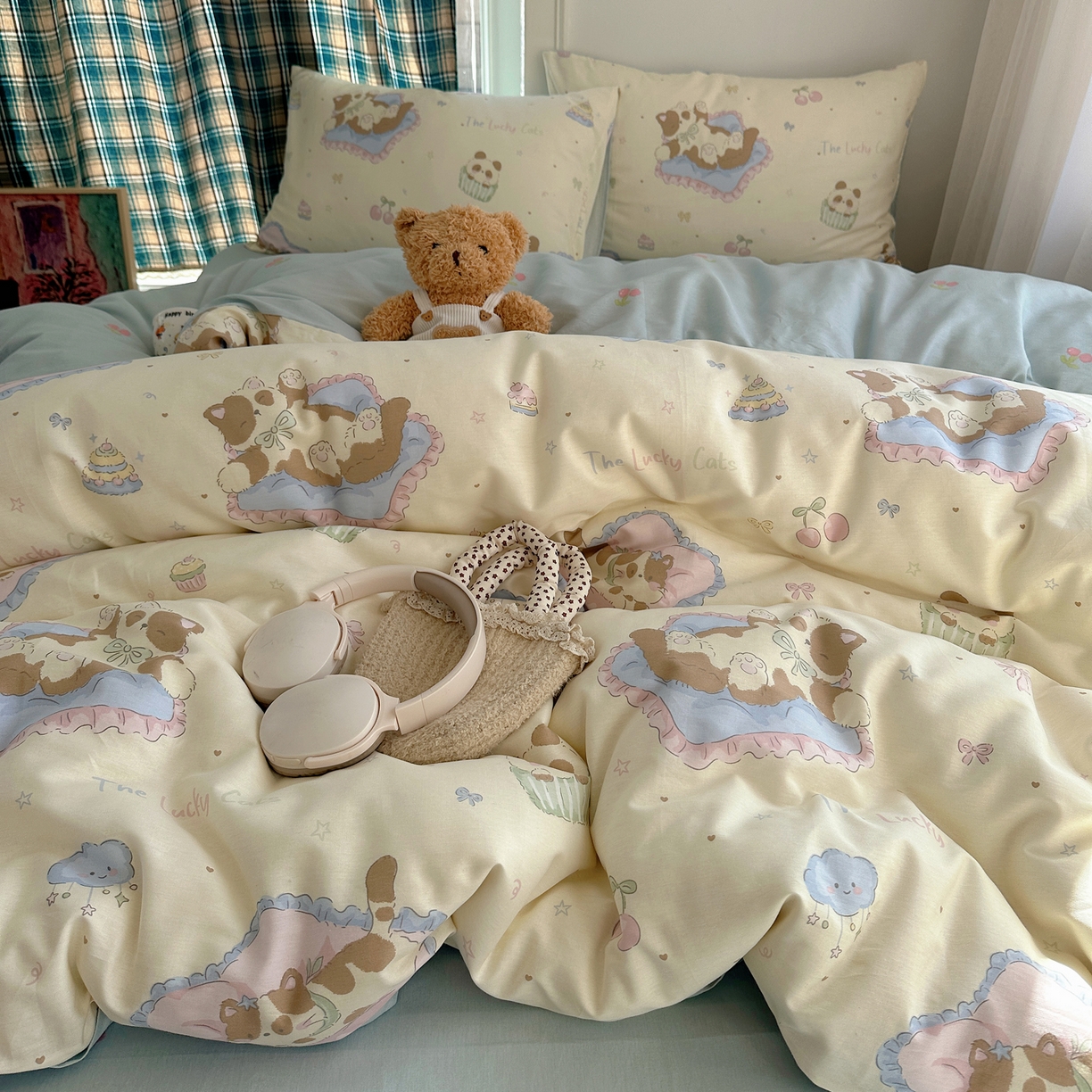 91家纺网 家纺一手货源 找家纺 六巷胡同 2026新款INS减龄可爱风卡通40支13070全棉四件套（第三系列） 慵懒猫咪崽