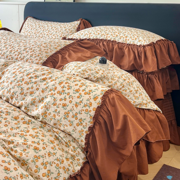 91家纺网 家纺一手货源 找家纺 尚美 2026新款法式复古大花边仿棉床盖四件套 橙意满满