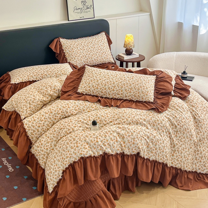 91家纺网 家纺一手货源 找家纺 尚美 2026新款法式复古大花边仿棉床盖四件套 橙意满满