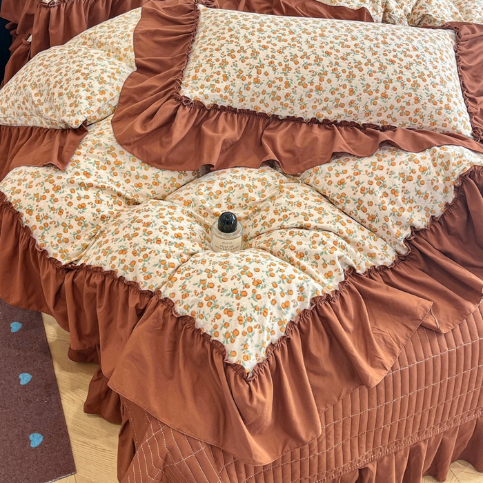 91家纺网 家纺一手货源 找家纺 尚美 2026新款法式复古大花边仿棉床盖四件套 橙意满满