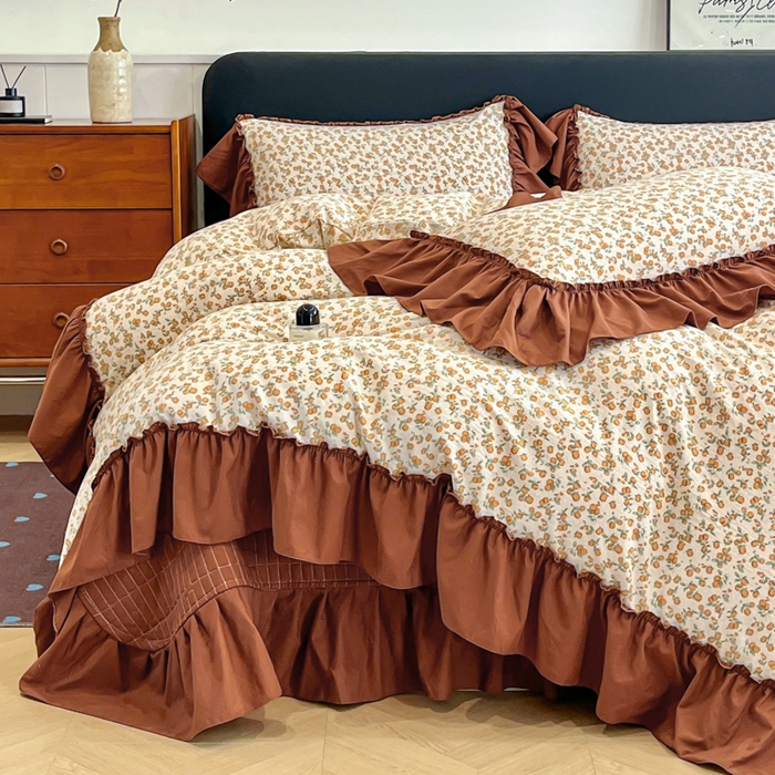 91家纺网 家纺一手货源 找家纺 尚美 2026新款法式复古大花边仿棉床盖四件套 橙意满满