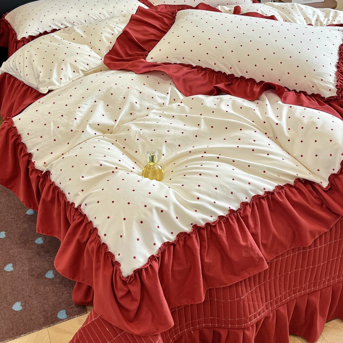 91家纺网 家纺一手货源 找家纺 尚美 2026新款法式复古大花边仿棉床盖四件套 红波点