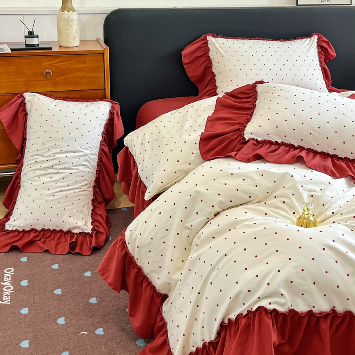 91家纺网 家纺一手货源 找家纺 尚美 2026新款法式复古大花边仿棉床盖四件套 红波点