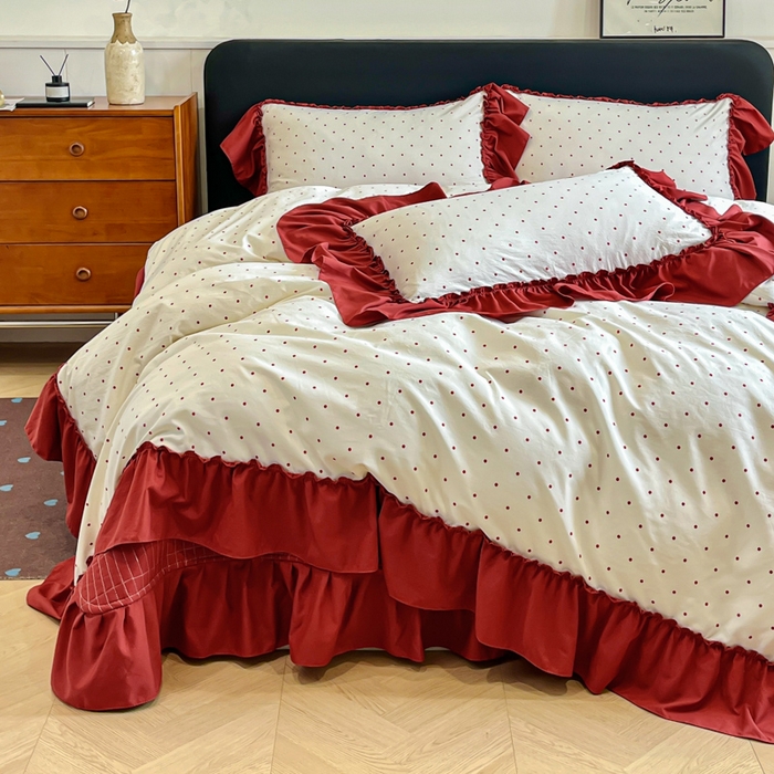 91家纺网 家纺一手货源 找家纺 尚美 2026新款法式复古大花边仿棉床盖四件套 红波点