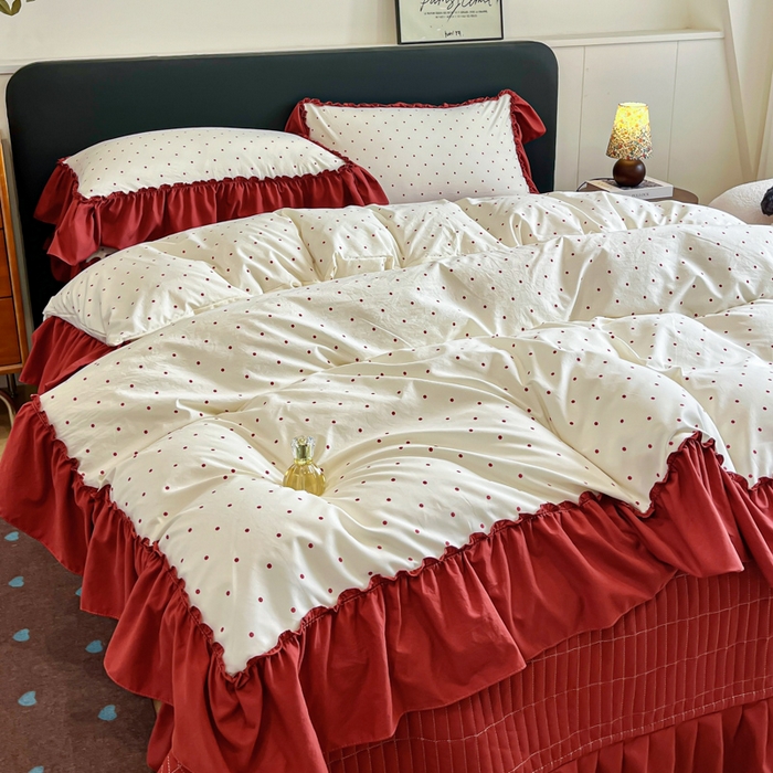 91家纺网 家纺一手货源 找家纺 尚美 2026新款法式复古大花边仿棉床盖四件套 红波点