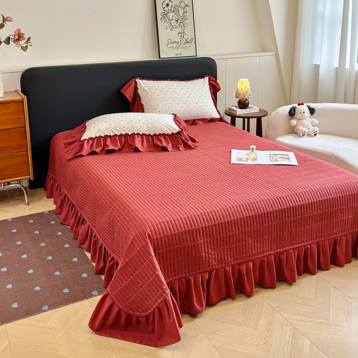 91家纺网 家纺一手货源 找家纺 尚美 2026新款法式复古大花边仿棉床盖四件套 红波点